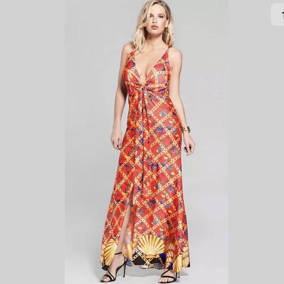 Guess MARCIANO Gold Shell Printed Gown Slit Maxi S - Picture 1 of 6